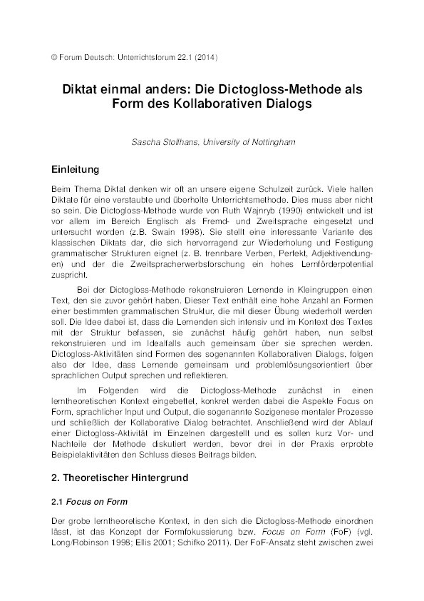 Diktat einmal anders: die Dictogloss-Methode als Form des Kollaborativen Dialogs Thumbnail