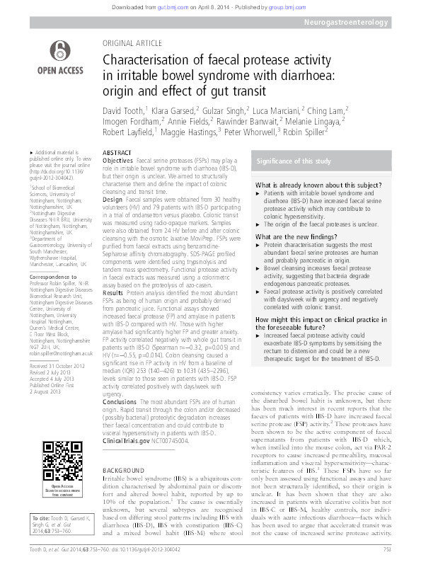 Characterisation of faecal protease activity in irritable bowel syndrome with diarrhoea: origin and effect of gut transit Thumbnail