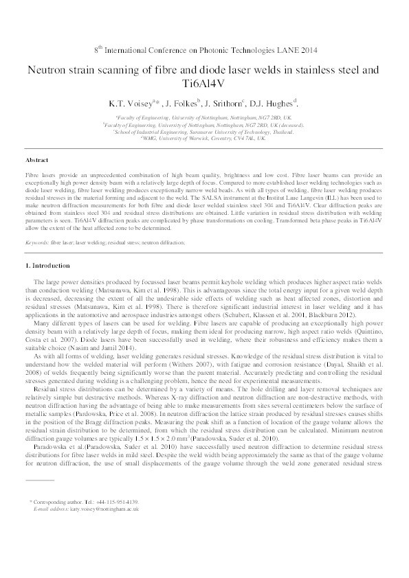 Neutron strain scanning of fibre and diode laser welds in stainless steel and Ti6Al4V Thumbnail