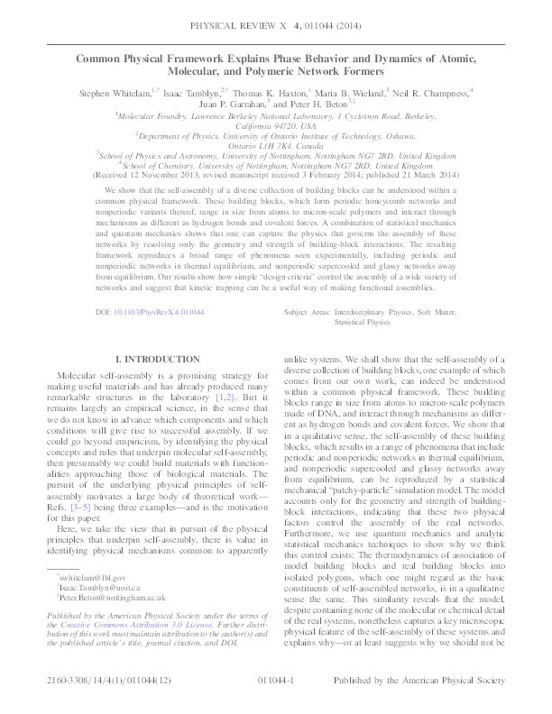 Common Physical Framework Explains Phase Behavior and Dynamics of Atomic, Molecular, and Polymeric Network Formers Thumbnail