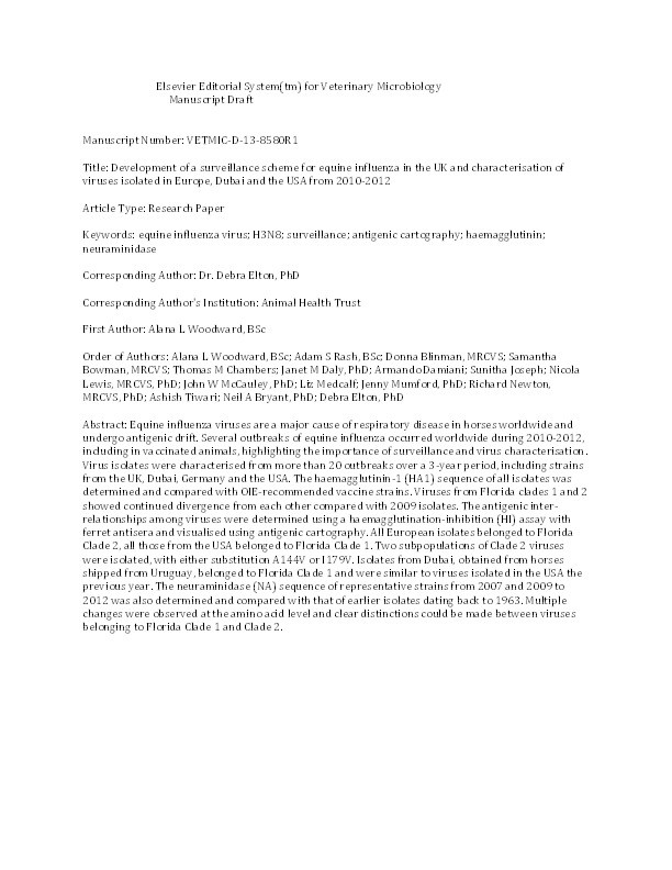 Development of a surveillance scheme for equine influenza in the UK and characterisation of viruses isolated in Europe, Dubai and the USA from 2010-2012 Thumbnail