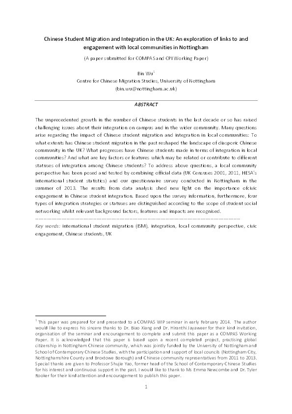 Chinese student migration and integration in the UK: an exploration of links to and engagement with local communities in Nottingham Thumbnail