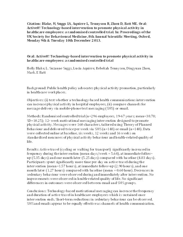 Oral: Active8! technology-based intervention to promote physical activity in healthcare employees: a randomised controlled trial Thumbnail