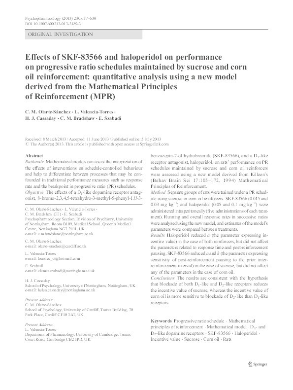 Effects of SKF-83566 and haloperidol on performance on progressive ratio schedules maintained by sucrose and corn oil reinforcement: quantitative analysis using a new model derived from the Mathematical Principles of Reinforcement (MPR) Thumbnail