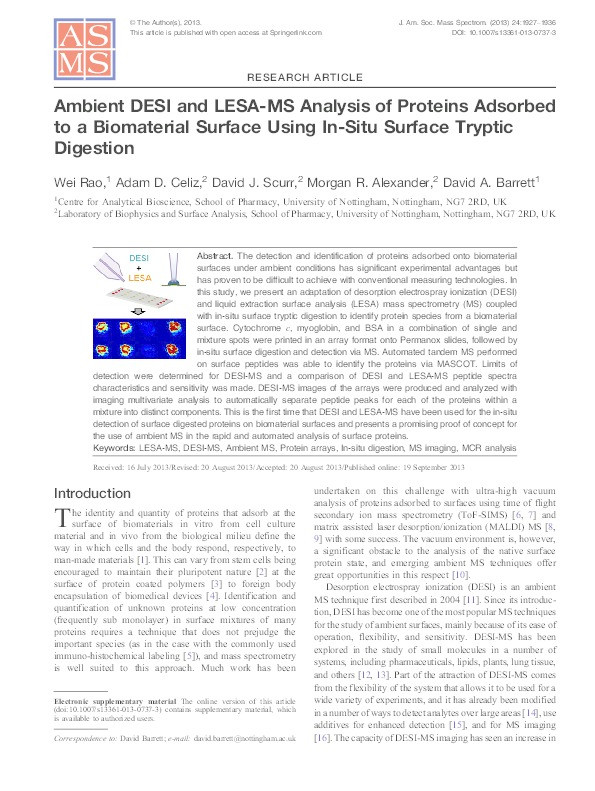Ambient DESI and LESA-MS analysis of proteins adsorbed to a biomaterial surface using in-situ surface tryptic digestion Thumbnail