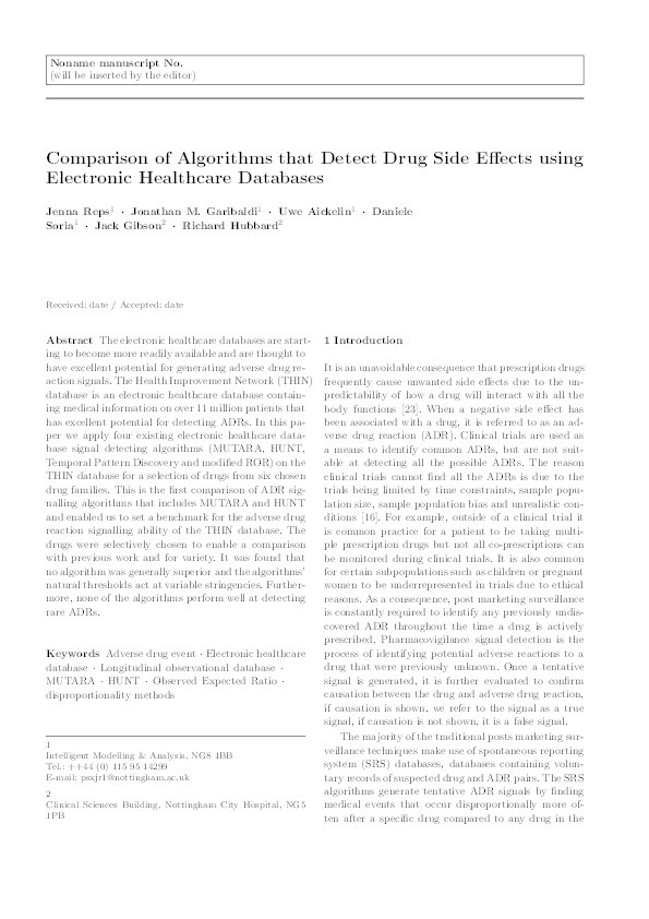 Comparison of algorithms that detect drug side effects using electronic healthcare databases Thumbnail