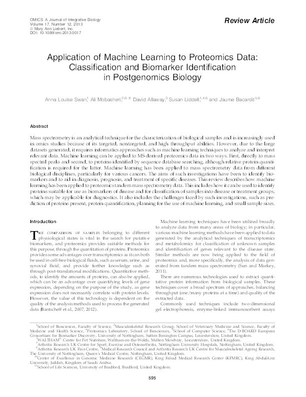 Application of machine learning to proteomics data: classification and biomarker identification in postgenomics biology Thumbnail
