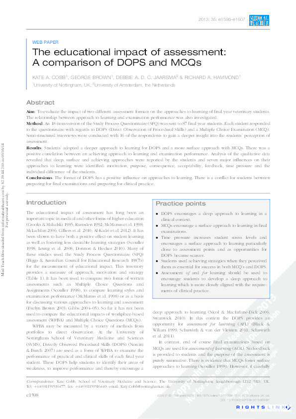 The educational impact of assessment: a comparison of DOPS and MCQs Thumbnail