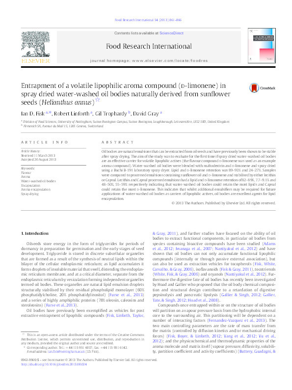 Entrapment of a volatile lipophilic aroma compound (D-limonene) in spray dried water-washed oil bodies naturally derived from sunﬂower seeds (Helianthus annus) Thumbnail