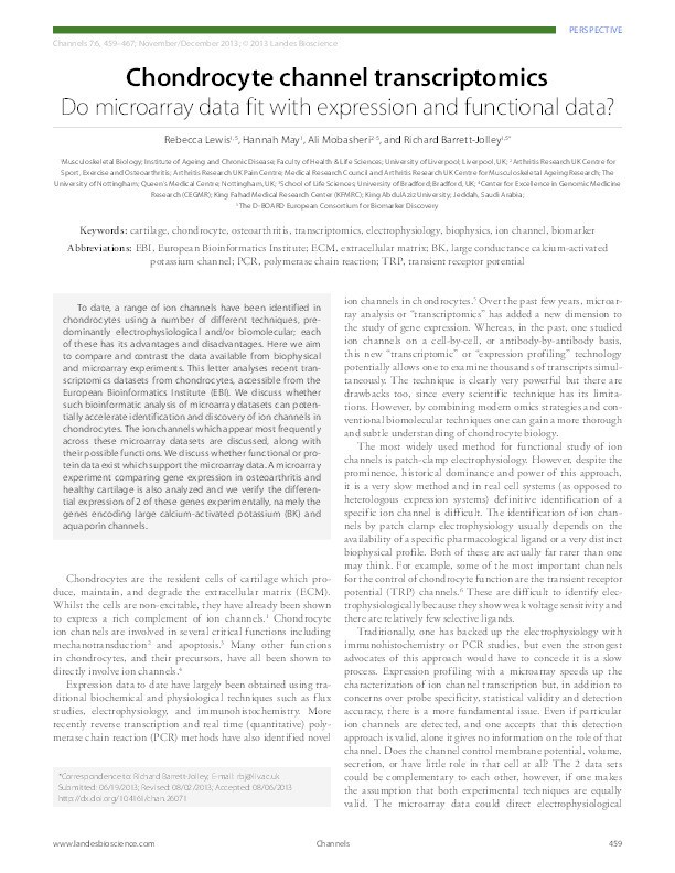 Chondrocyte channel transcriptomics: do microarray data fit with expression and functional data? Thumbnail