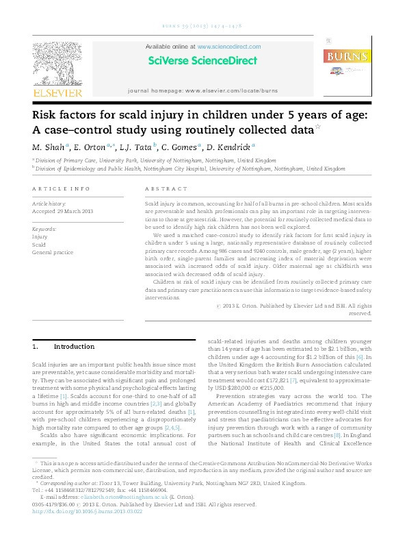 Risk factors for scald injury in children under 5 years of age: a case–control study using routinely collected data Thumbnail