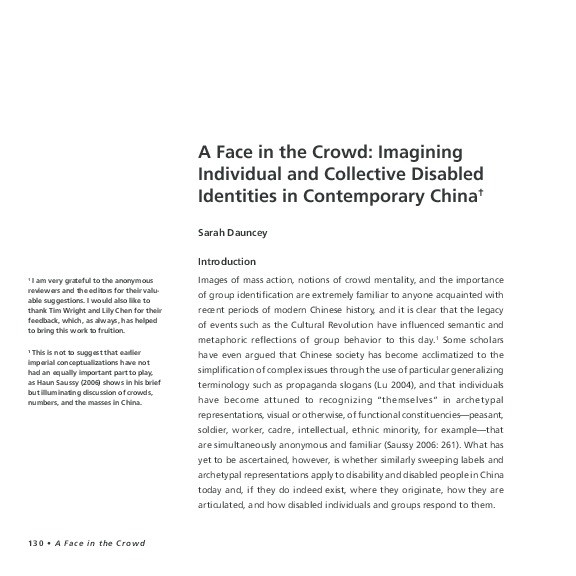 A face in the crowd: imagining individual and collective disabled identities in contemporary China Thumbnail