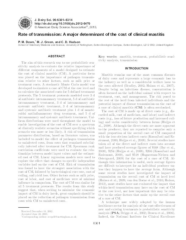 Rate of transmission: a major determinant of the cost of clinical mastitis Thumbnail