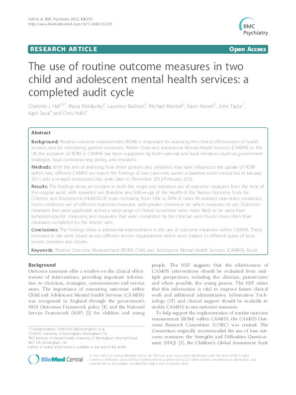 The use of routine outcome measures in two child and adolescent mental health services: a completed audit cycle Thumbnail