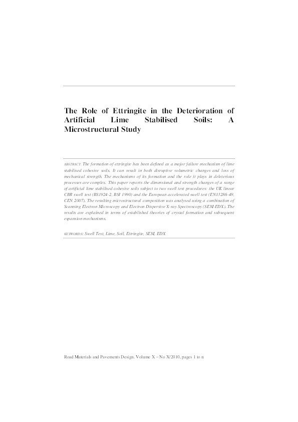 The role of ettringite in the deterioration of artificial lime stabilised soils: a microstructural study Thumbnail