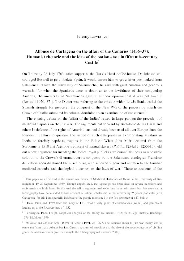 Alfonso de Cartagena on the affair of the Canaries (1436–37): humanist rhetoric and the idea of the nation-state in fifteenth–century Castile Thumbnail