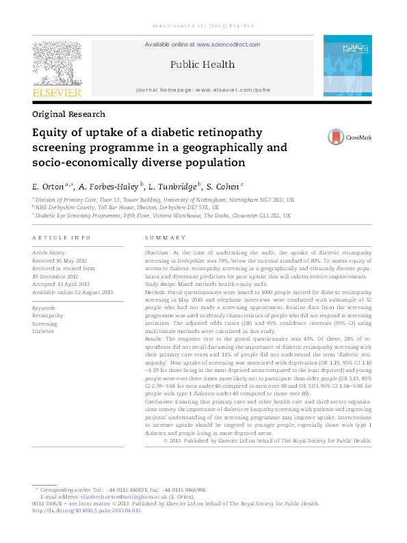 Equity of uptake of a diabetic retinopathy screening programme in a geographically and socio-economically diverse population Thumbnail