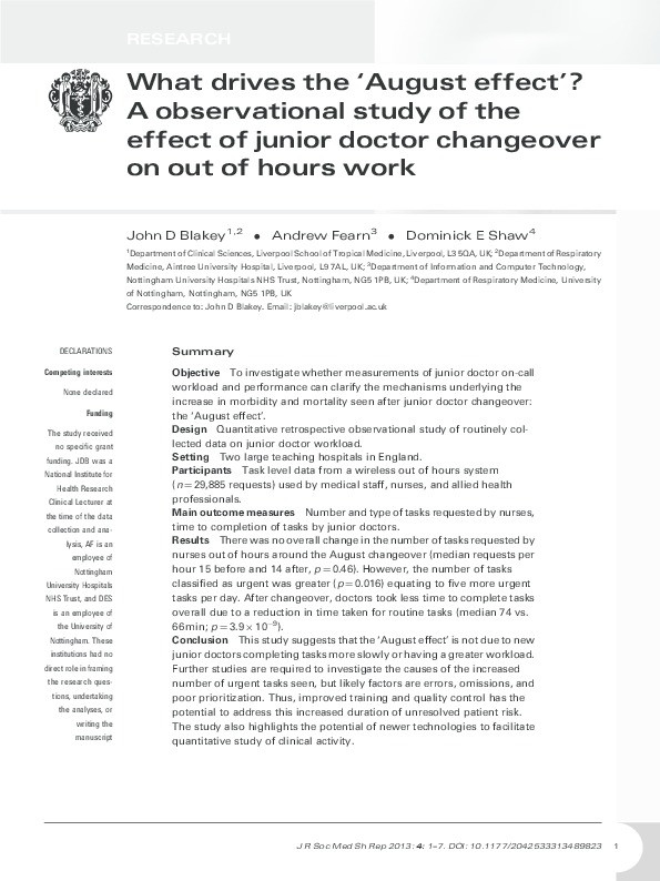 What drives the 'August effect'?: an observational study of the effect of junior doctor changeover on out of hours work Thumbnail