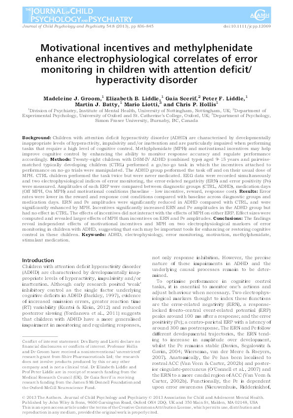 Motivational incentives and methylphenidate enhance electrophysiological correlates of error monitoring in children with attention deficit/hyperactivity disorder Thumbnail