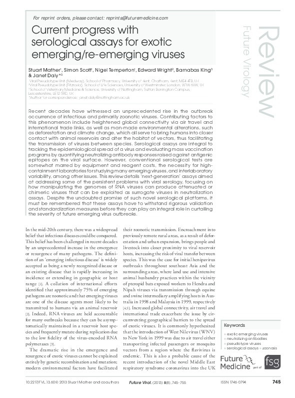 Current progress with serological assays for exotic emerging / re-emerging viruses Thumbnail