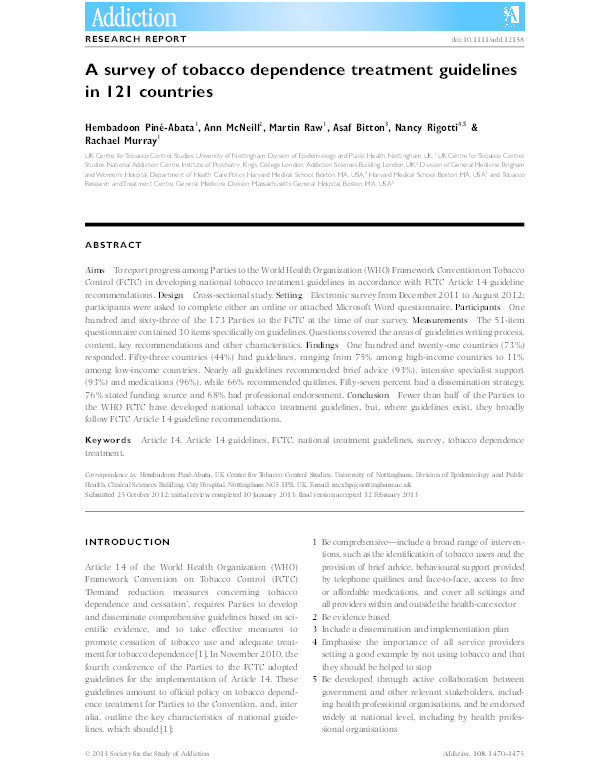 A survey of tobacco dependence treatment guidelines in 121 countries Thumbnail