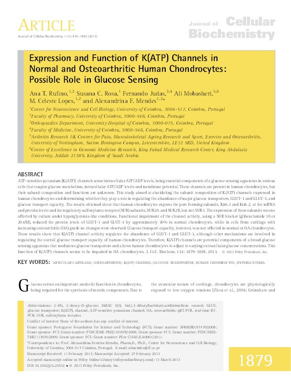 Expression and function of K(ATP) channels in normal and osteoarthritic human chondrocytes: possible role in glucose sensing Thumbnail