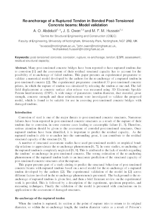 Re-anchorage of a ruptured tendon in bonded post-tensioned concrete beams: model validation Thumbnail