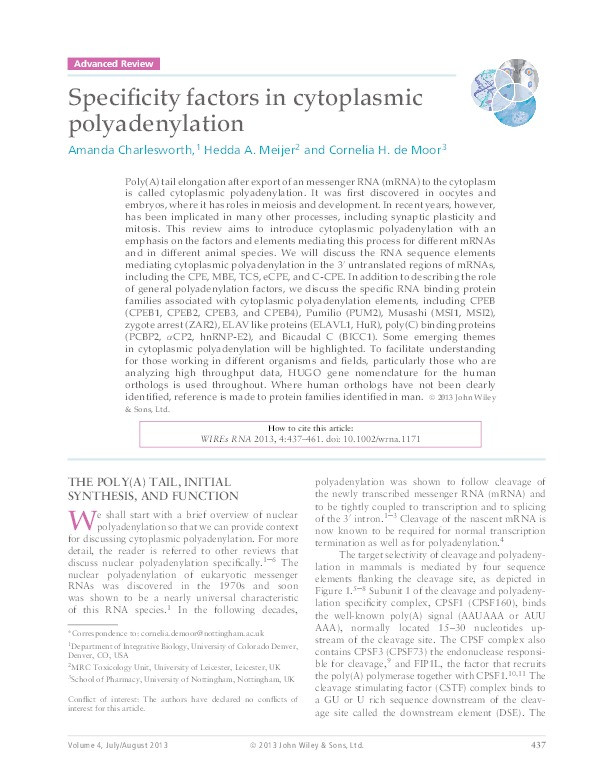 Specificity factors in cytoplasmic polyadenylation Thumbnail