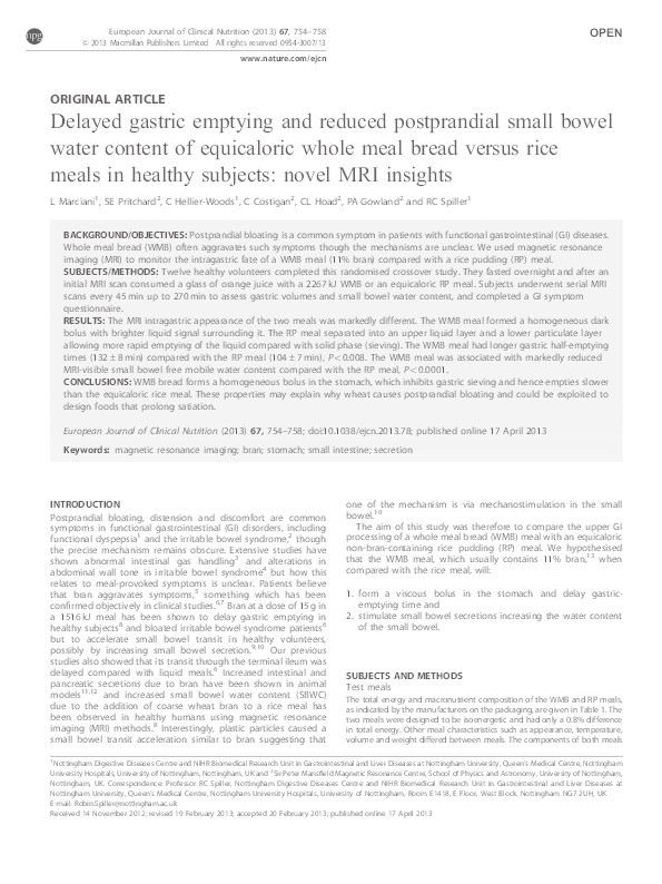 Delayed gastric emptying and reduced postprandial small bowel water content of equicaloric whole meal bread versus rice meals in healthy subjects: novel MRI insights Thumbnail