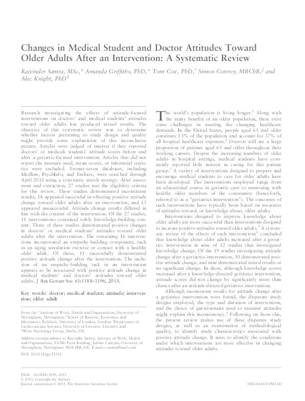 Changes in medical student and doctor attitudes toward older adults after an intervention: a systematic review Thumbnail