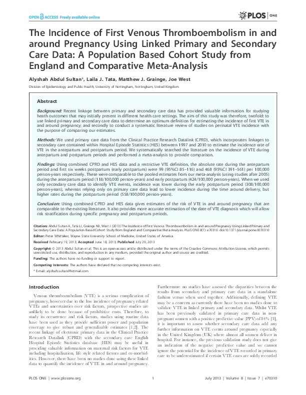 The incidence of first venous thromboembolism in and around pregnancy using linked primary and secondary care data: a population based cohort study from England and comparative meta-analysis Thumbnail