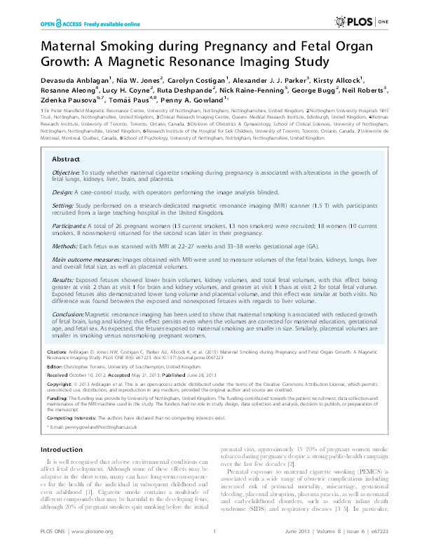 Maternal smoking during pregnancy and fetal organ growth: a magnetic resonance imaging study Thumbnail