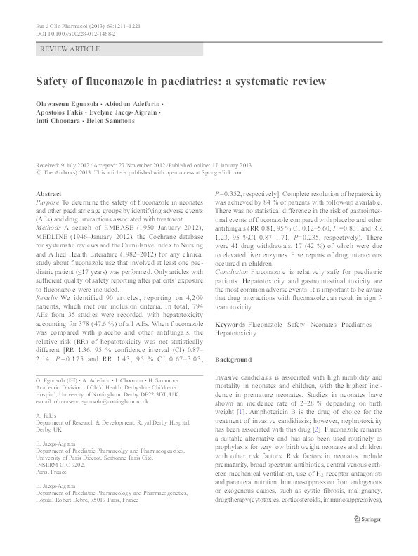 Safety of fluconazole in paediatrics: a systematic review Thumbnail