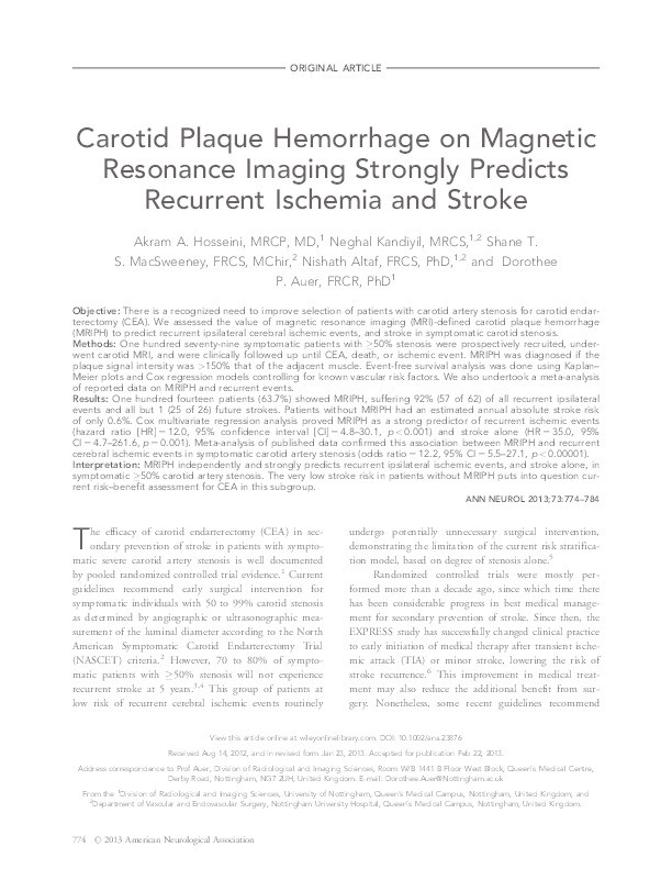 Carotid plaque hemorrhage on magnetic resonance imaging strongly predicts recurrent ischemia and stroke Thumbnail