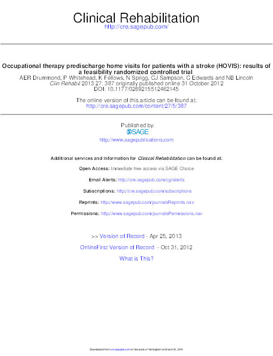 Occupational therapy predischarge home visits for patients with a stroke (HOVIS): results of a feasibility randomized controlled trial Thumbnail