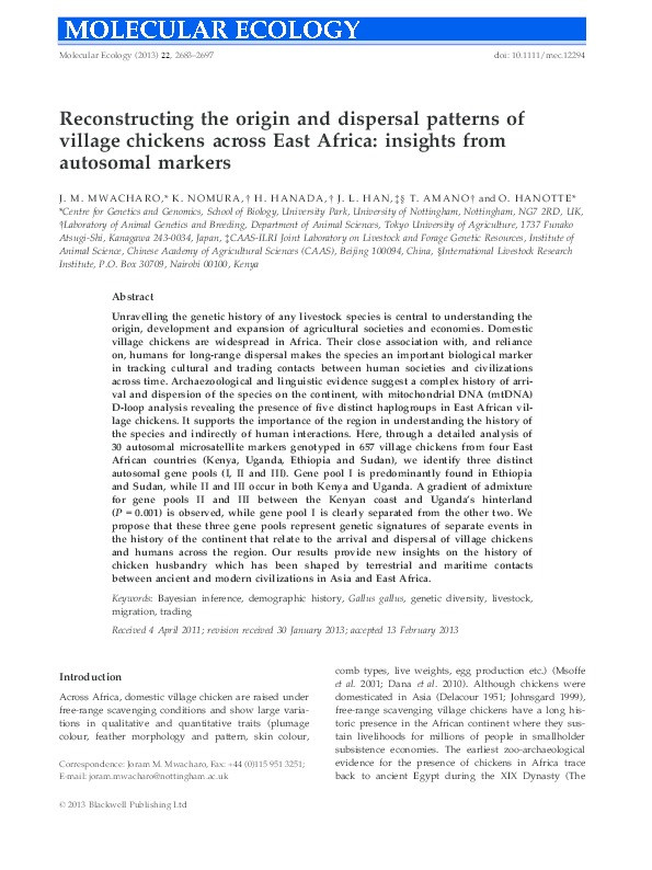 Reconstructing the origin and dispersal patterns of village chickens across East Africa: insights from autosomal markers Thumbnail
