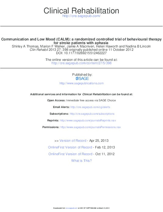 Communication and Low Mood (CALM): a randomized controlled trial of behavioural therapy for stroke patients with aphasia Thumbnail
