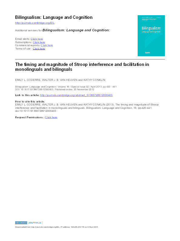 The timing and magnitude of Stroop interference and facilitation in monolinguals and bilinguals Thumbnail