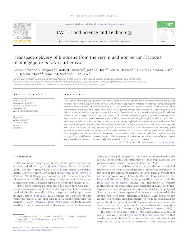 Headspace delivery of limonene from the serum and non-serum fractions of orange juice in-vitro and in-vivo Thumbnail