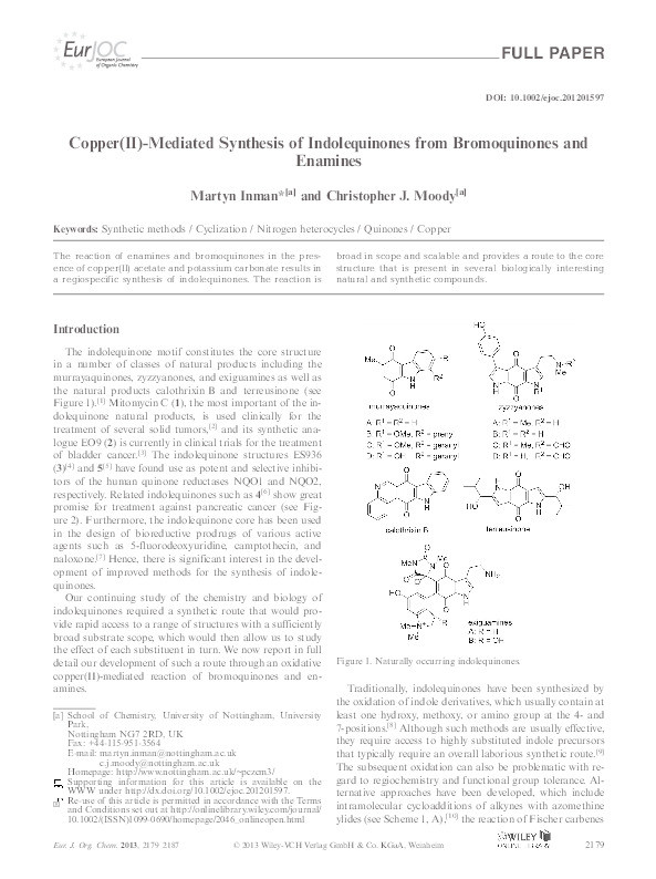 Copper(II)-mediated synthesis of indolequinones from bromoquinones and enamines Thumbnail