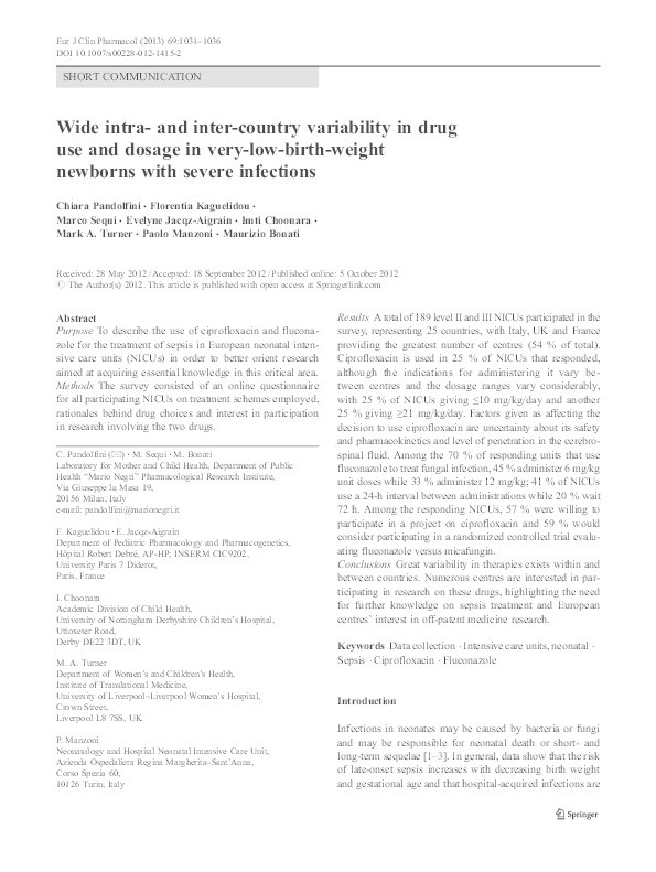 Wide intra- and inter-country variability in drug use and dosage in very-low-birth-weight newborns with severe infections Thumbnail