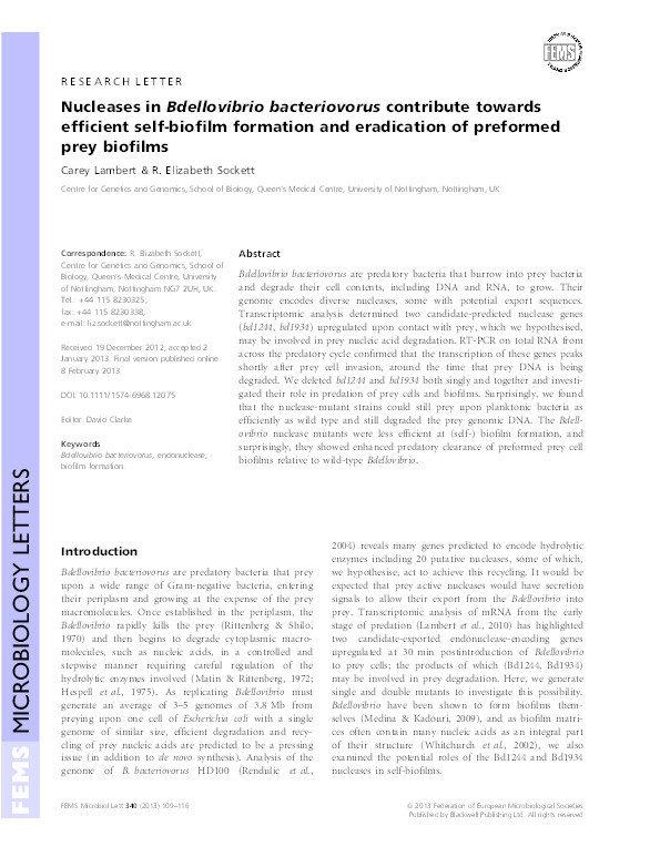 Nucleases in Bdellovibrio bacteriovorus contribute towards efficient self-biofilm formation and eradication of preformed prey biofilms Thumbnail