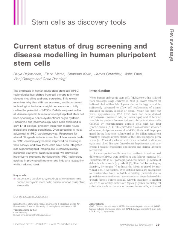 Current status of drug screening and disease modelling in human pluripotent stem cells Thumbnail