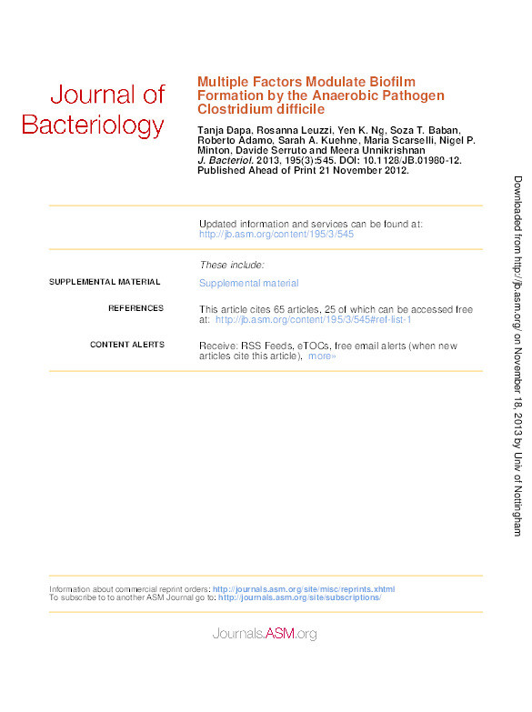 Multiple factors modulate biofilm formation by the anaerobic pathogen Clostridium difficile Thumbnail