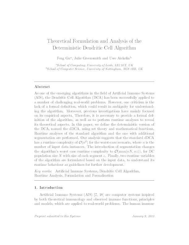 Theoretical formulation and analysis of the deterministic dendritic cell algorithm Thumbnail