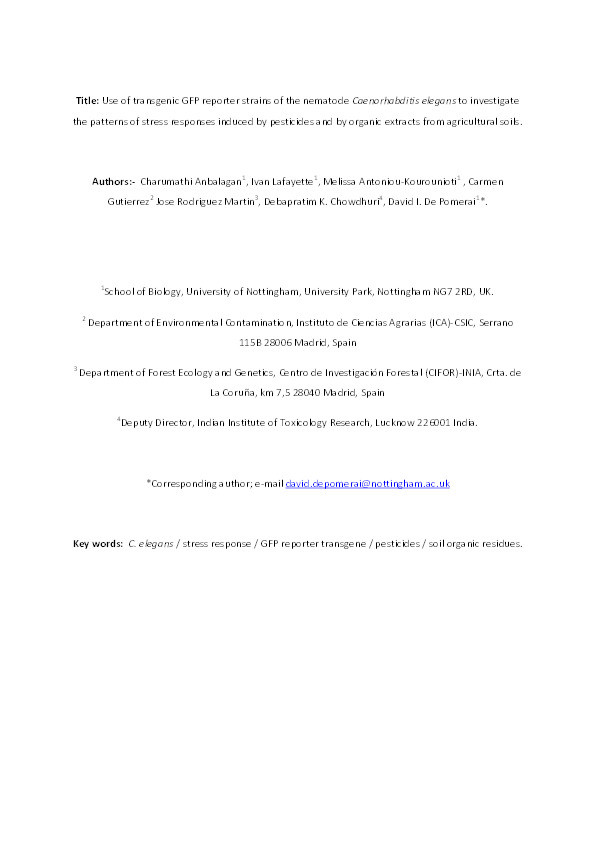 Use of transgenic GFP reporter strains of the nematode Caenorhabditis elegans to investigate the patterns of stress responses induced by pesticides and by organic extracts from agricultural soils Thumbnail