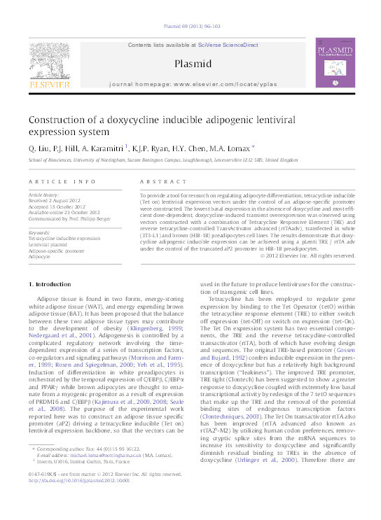 Construction of a doxycycline inducible adipogenic lentiviral expression system Thumbnail