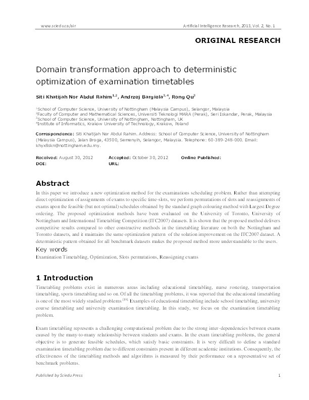 Domain transformation approach to deterministic optimization of examination timetables Thumbnail