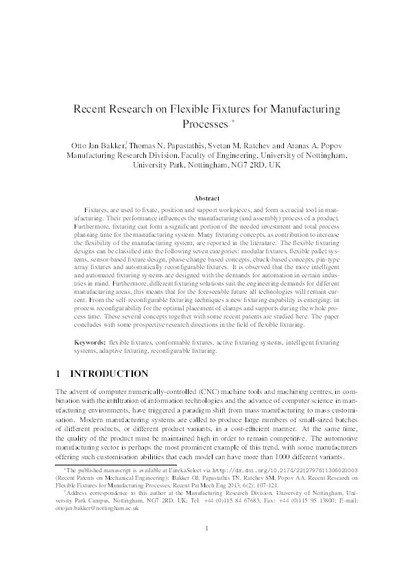 Recent research on flexible fixtures for manufacturing processes Thumbnail