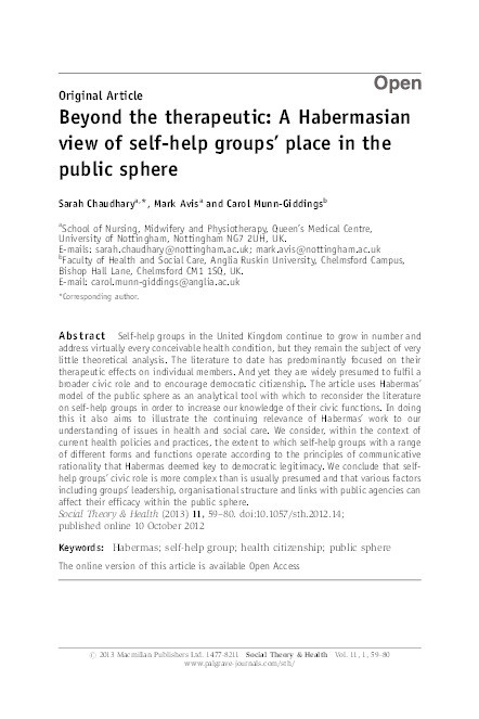 Beyond the therapeutic: a Habermasian view of self-help groups’ place in the public sphere Thumbnail